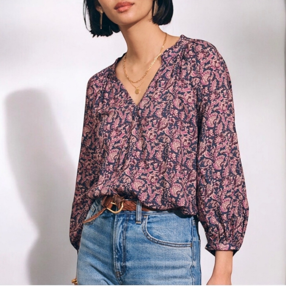 FAHERTY Portia Blouse Peasant Top in Fiona Block Print NWT Size Small